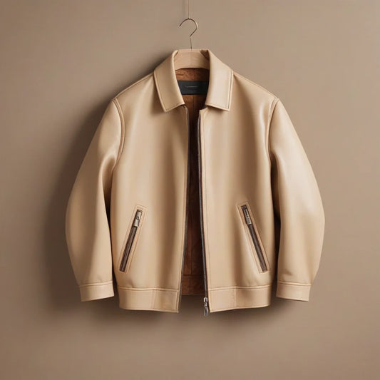 Photo of a very stylish, light coloured vegan leather jacket, that has actually been crafted from kombucha scoby in a totally sustainable way - boochacha