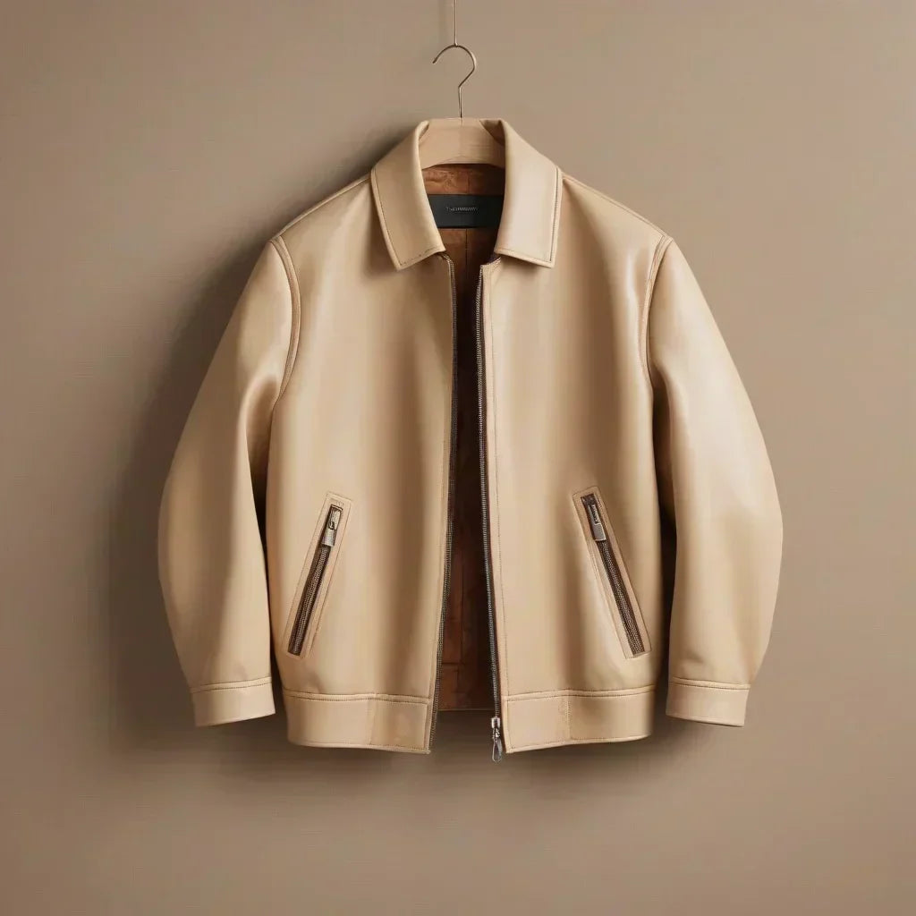 Photo of a very stylish, light coloured vegan leather jacket, that has actually been crafted from kombucha scoby in a totally sustainable way - boochacha