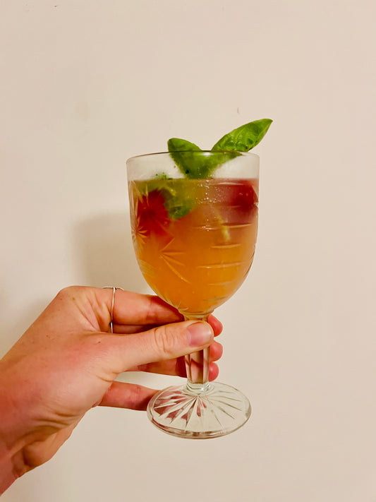 strawberry and basil kombucha made with boochacha by our founder hebe ibbotson, in dorset