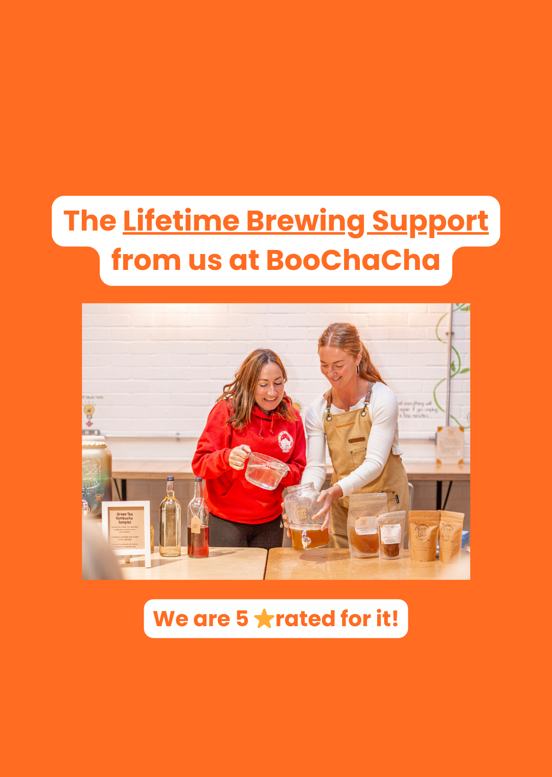 Two people at a counter learning to brew kombucha with BooChaCha branding and text about their brewing support.