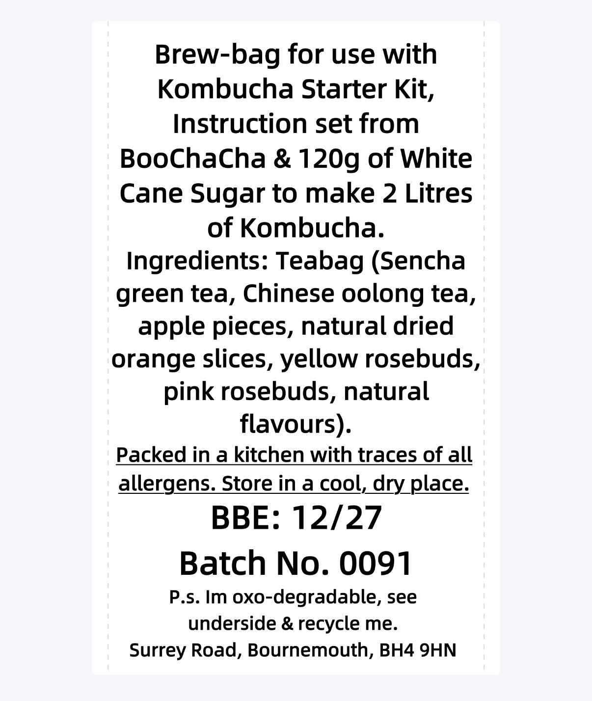Text ingredients label on a white background describing a Kombucha starter kit with ingredients and storage instructions.