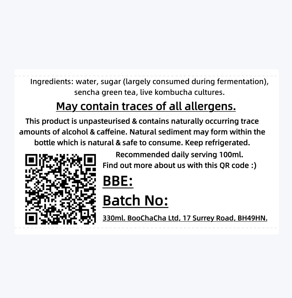Product label with homemade kombucha free sample ingredients, allergen information, and contact details on a white background