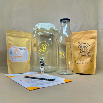 Professional photo of a complete kombucha starter kit with branding vibrant and bright, including fermentation jar, storage bottle, bundles of kombucha tea and baby scoby, all with sustainable packaging and eco packaging - boochacha