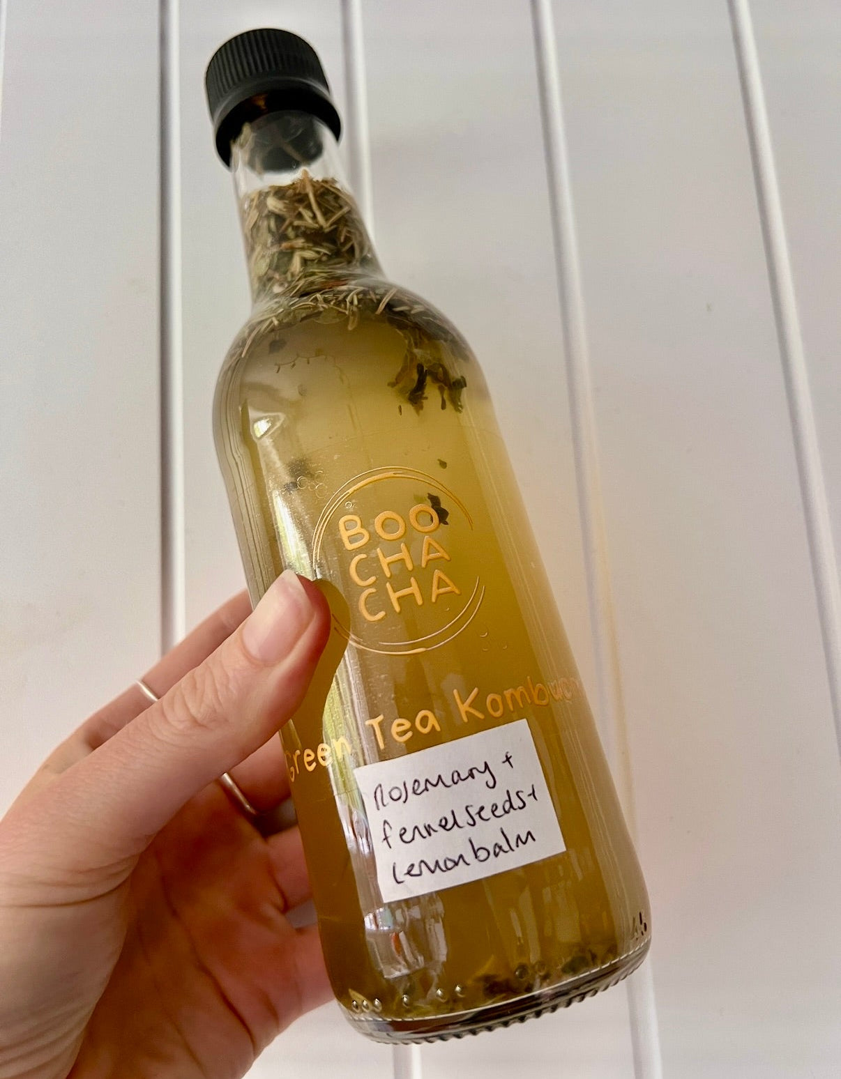 Bottle of iced tea kombucha held by a hand against a white background.