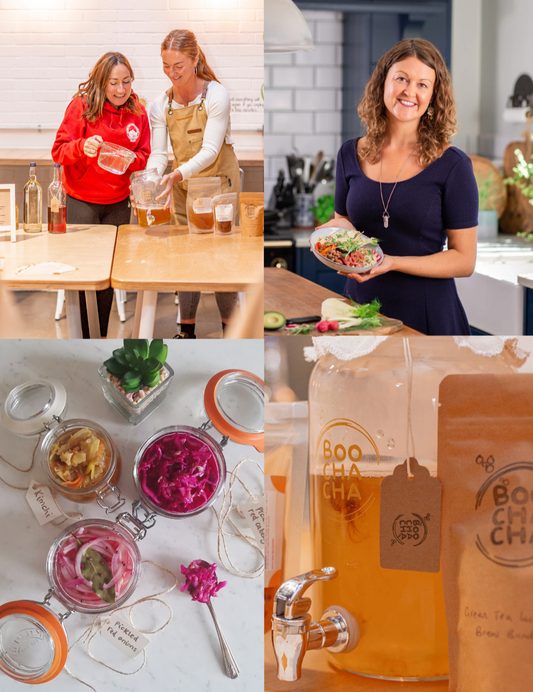Collage of photos of both Hebe Ibbotson and Louise from food for thought cookery school, demonstrating their fermentation skills to students in a workshop - boochacha