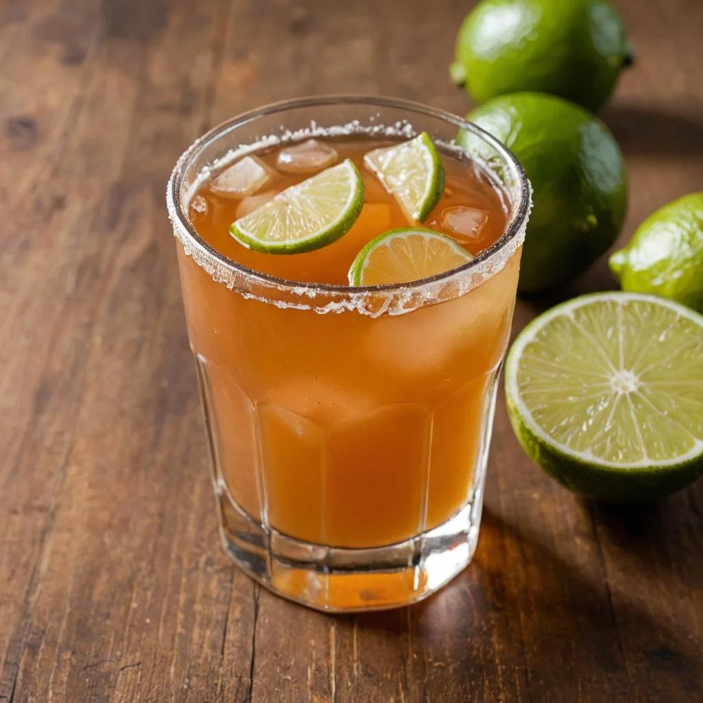 Delicious looking shot glass of cayenne pepper and lime kombucha with fresh limes around and salt on the rim, kind of like a sober tequila - boochacha