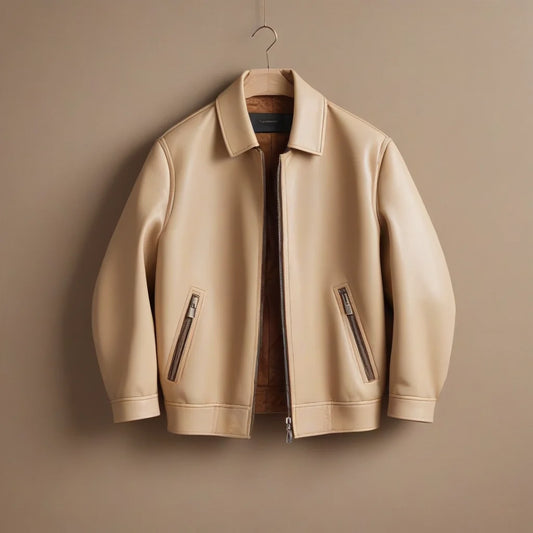 Photo of a very stylish, light coloured vegan leather jacket, that has actually been crafted from kombucha scoby in a totally sustainable way - boochacha 