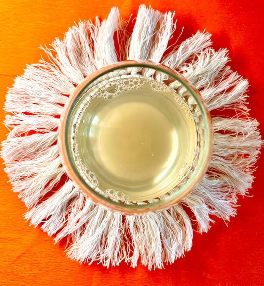 Sunny glass of delicious looking kombucha in a fancy glass, on a rustic looking drinks mat - boochacha