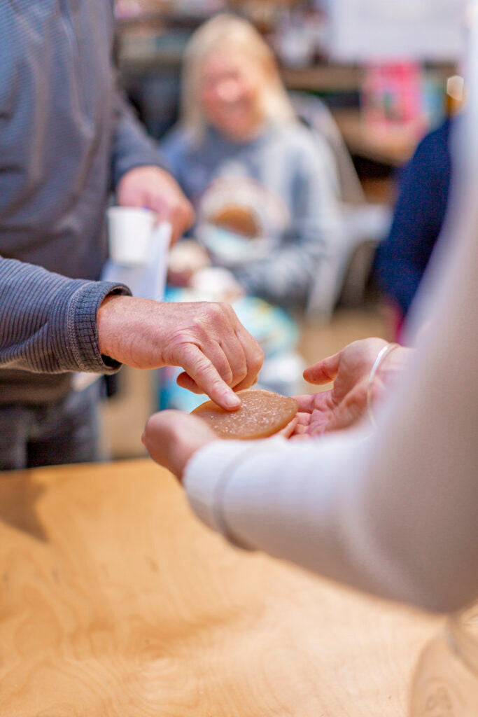 healthy baby scoby for kombucha brewing workshop demo, student come up for a closer look