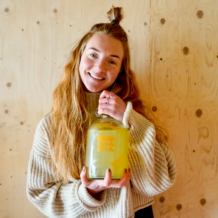 photo of hebe ibbotson, the proud founder of boochacha the dorset based kombucha brand focussing on home brew kombucha starter kits