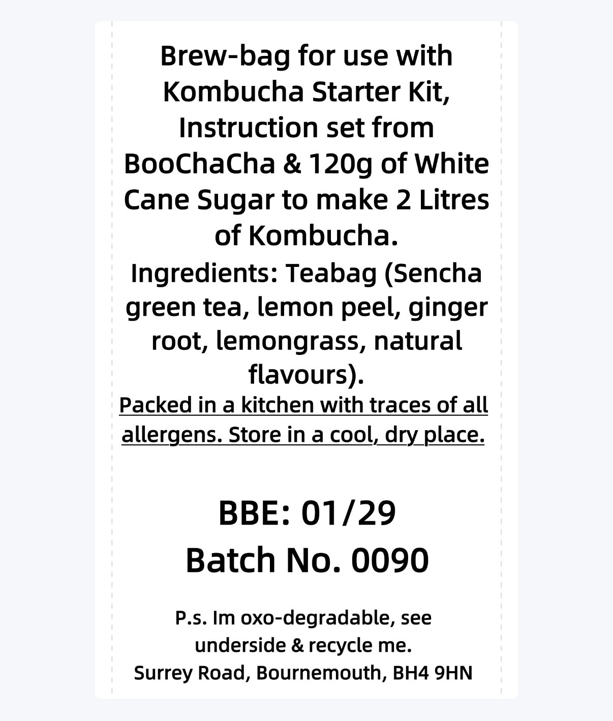 Brew-bag instruction and ingredients label for Kombucha starter kit with text details, lemon and ginger kombucha ingredients list.