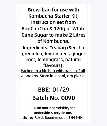Brew-bag instruction and ingredients label for Kombucha starter kit with text details, lemon and ginger kombucha ingredients list.