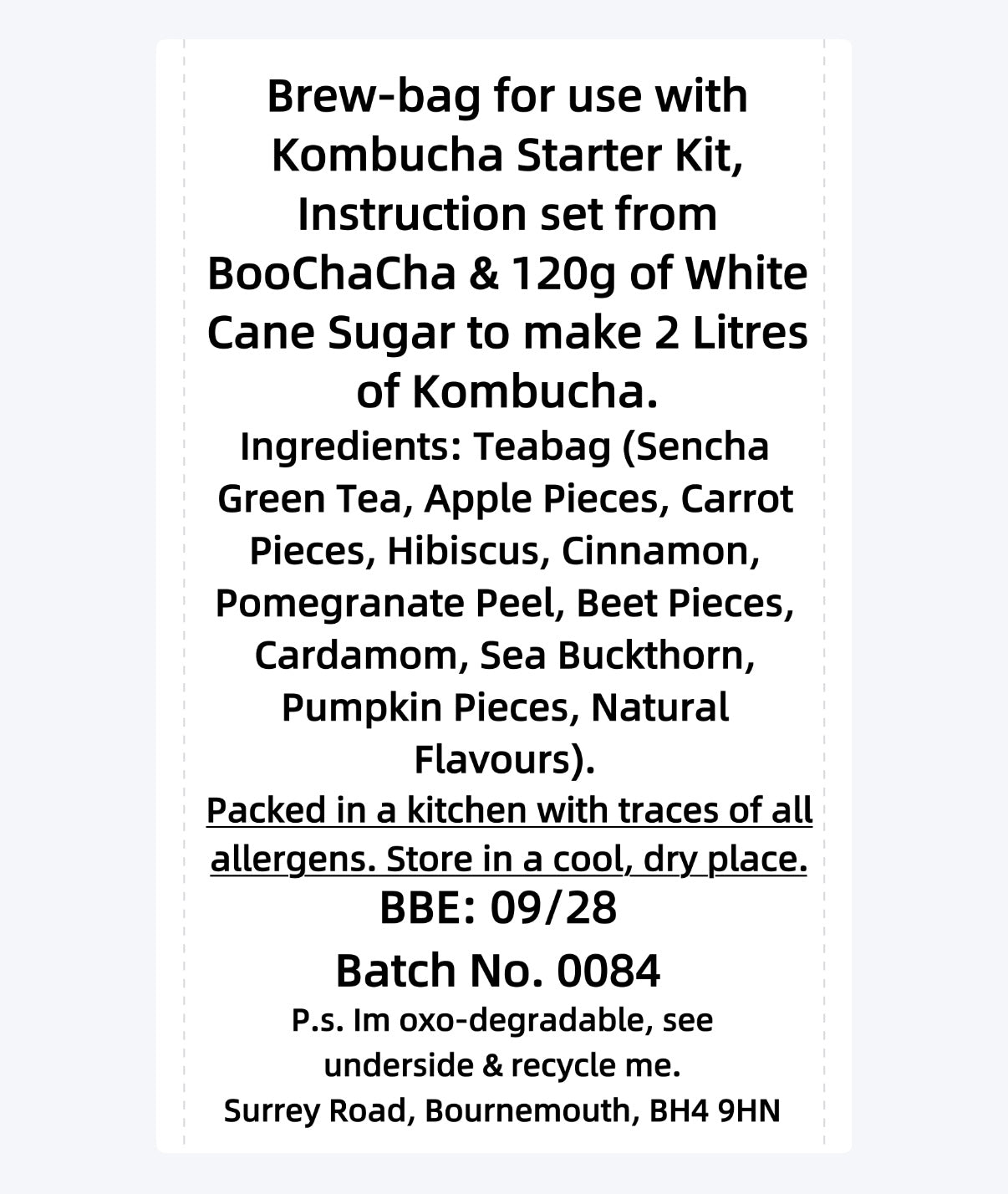 Text description / ingredients of a Kombucha starter kit with ingredients to make pumpkin spiced kombucha and storage instructions.
