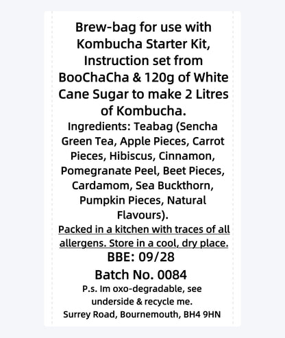 Text description / ingredients of a Kombucha starter kit with ingredients to make pumpkin spiced kombucha and storage instructions.
