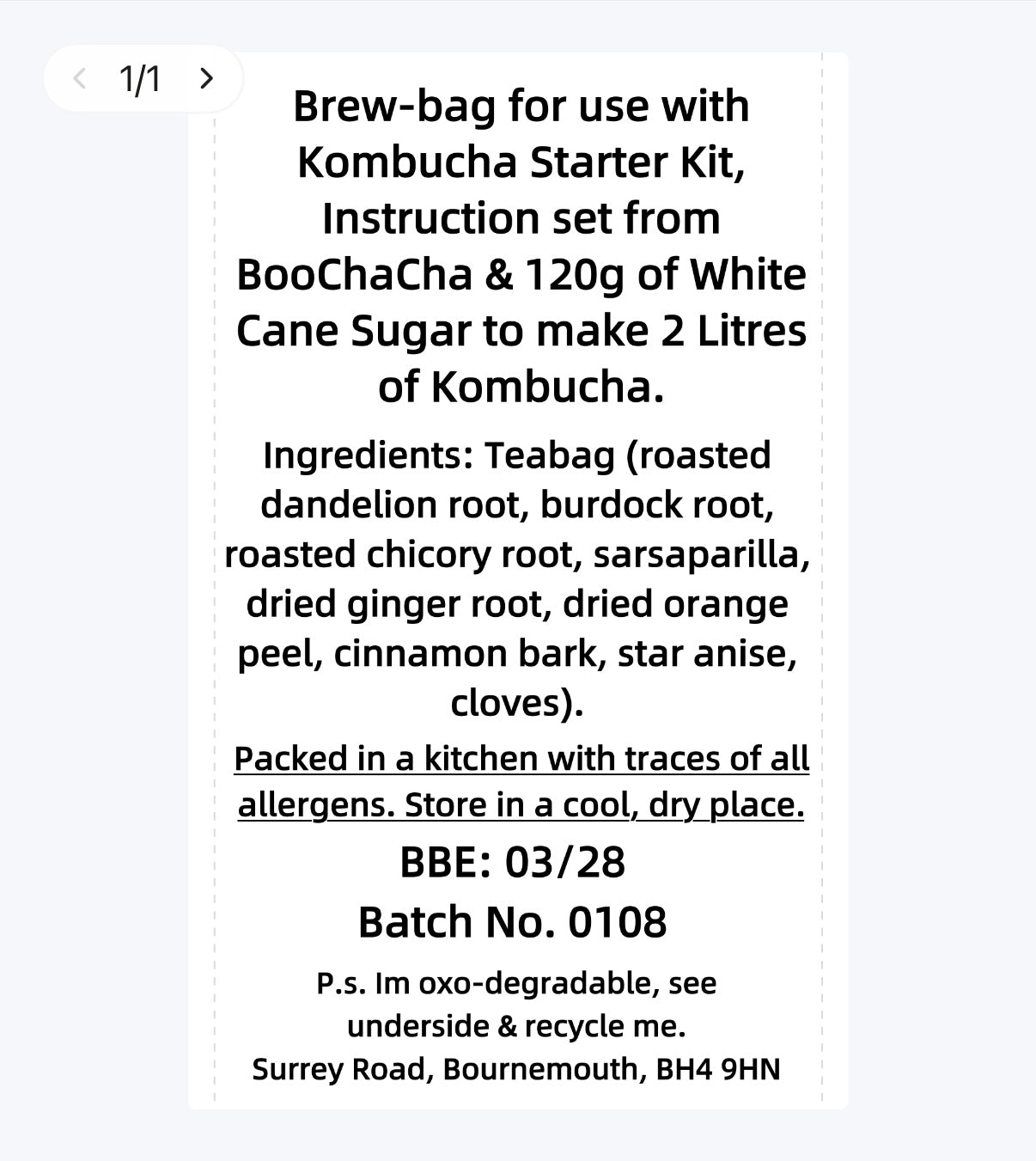 Dandelion & Burdock Kombucha Brew Bag
