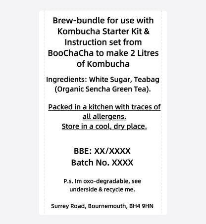Ingredients and directions label for kombucha brew bundle, kombucha tea and sugar, with bbe and batch number