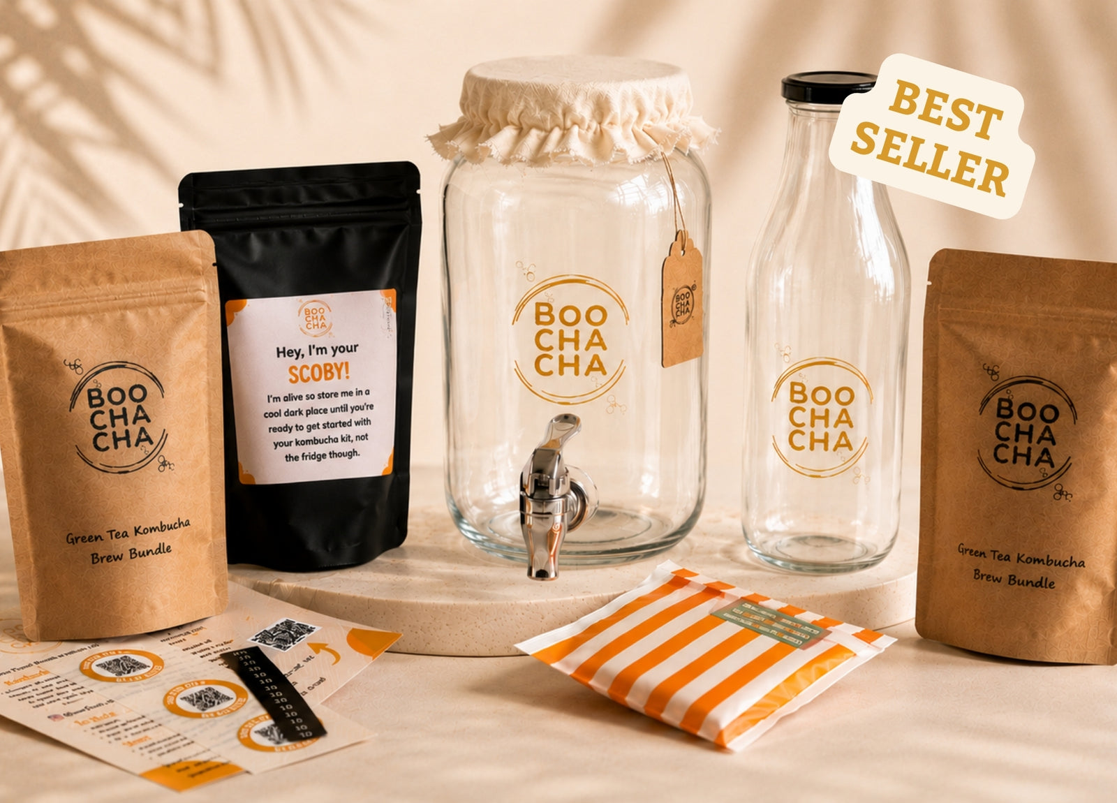 BooChaCha kombucha starter kit with jars, bottle and drinks
